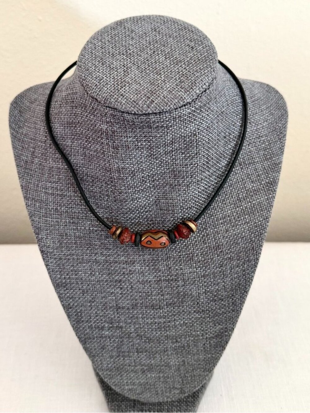 Boho Beaded Choker Necklace 14.5 Inch Ceramic Wood Waxed Cord Chain Tribal